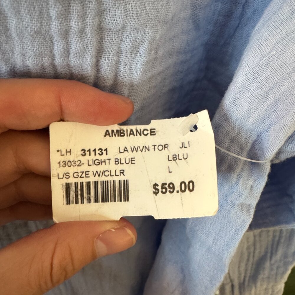 Light Blue Women's Gauze Peasant Blouse - Picture 6 of 8